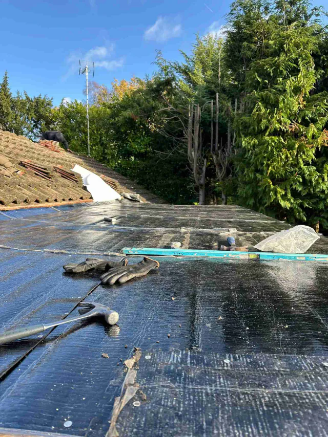 Flat roof surface during roofing work