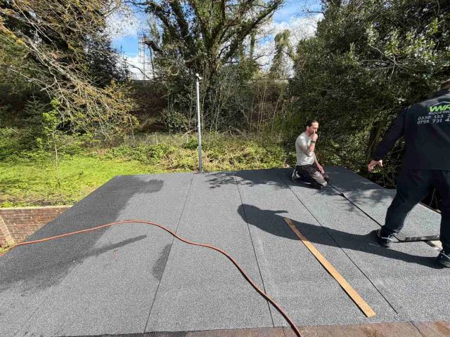 Flat roof surface during roofing work
