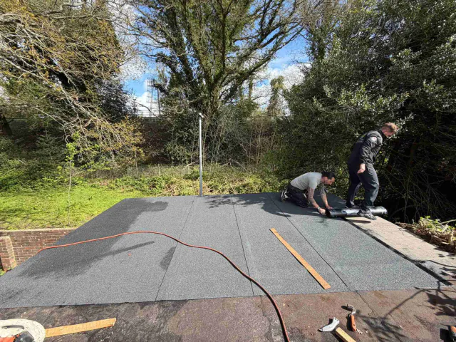 Flat roof surface during roofing work
