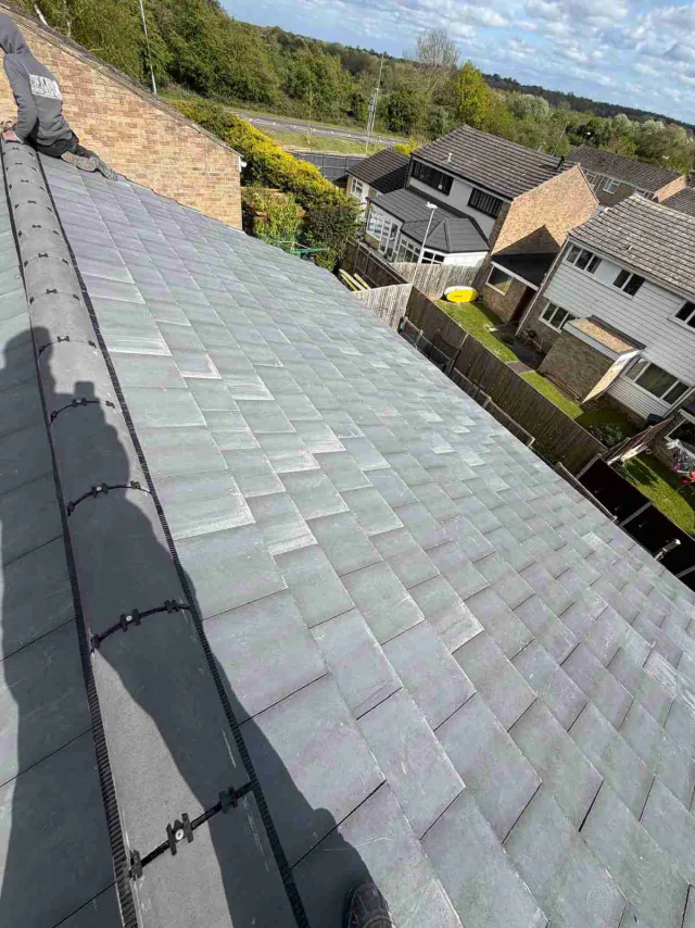 Grey roof covering and ridge detail