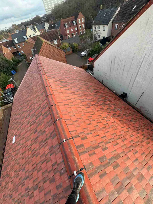Red tiled roof viewed towards the street