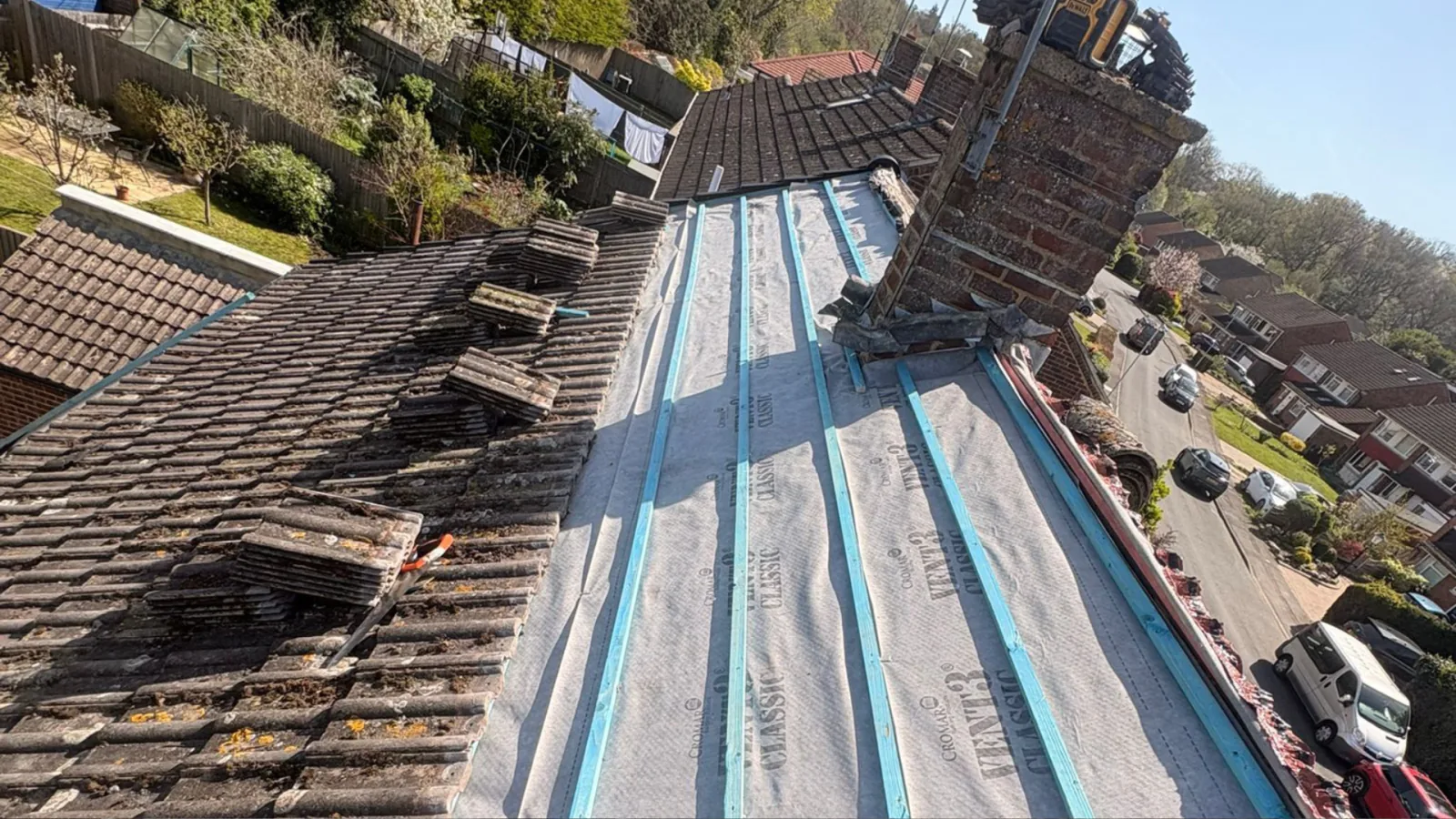 Roof repair work in progress by WWR Roofing replacing roofing felt and battens on a residential property on the Isle of Wight