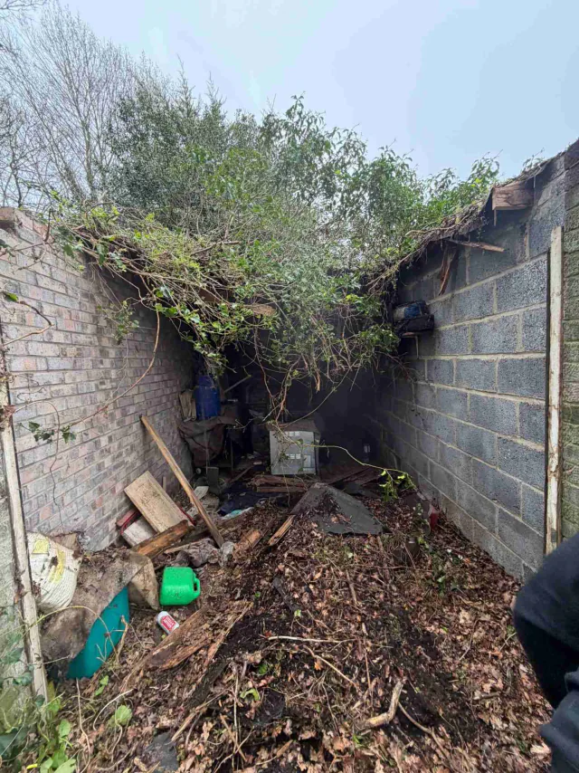 Roof work beside a garden wall