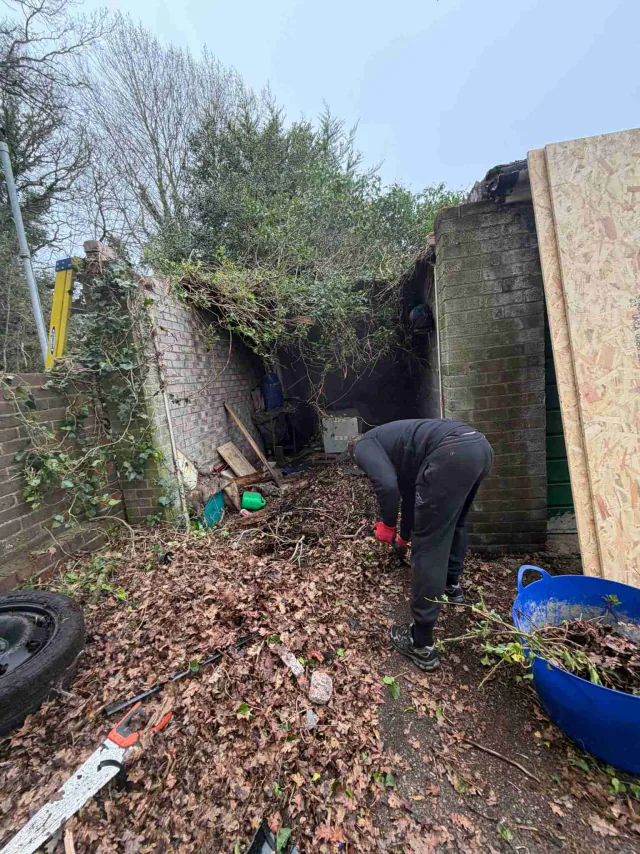 Roof work beside a garden wall