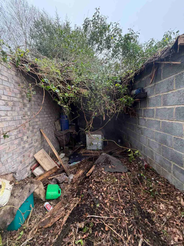 Roof work beside a garden wall