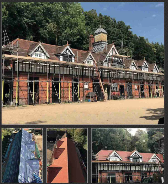 Roofing project collage with scaffolded property